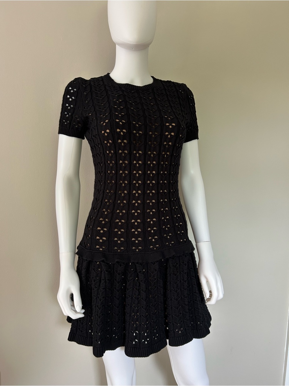 RED Valentino Black Pointelle Knit Fit & Flare Mini Dress NWT XS $695